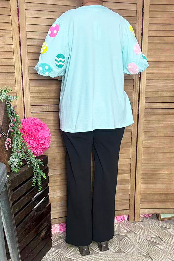 Easter eggs patches aqua puff short sleeves women top XCH16548