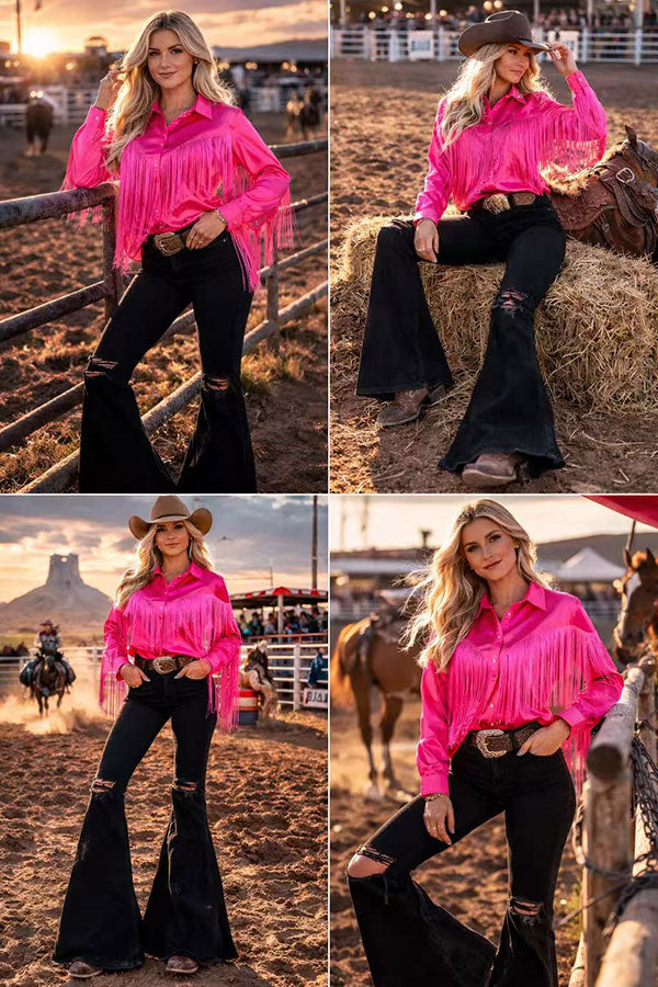 Western Pink button up long sleeve blouse w/fringe tassels XCH13345