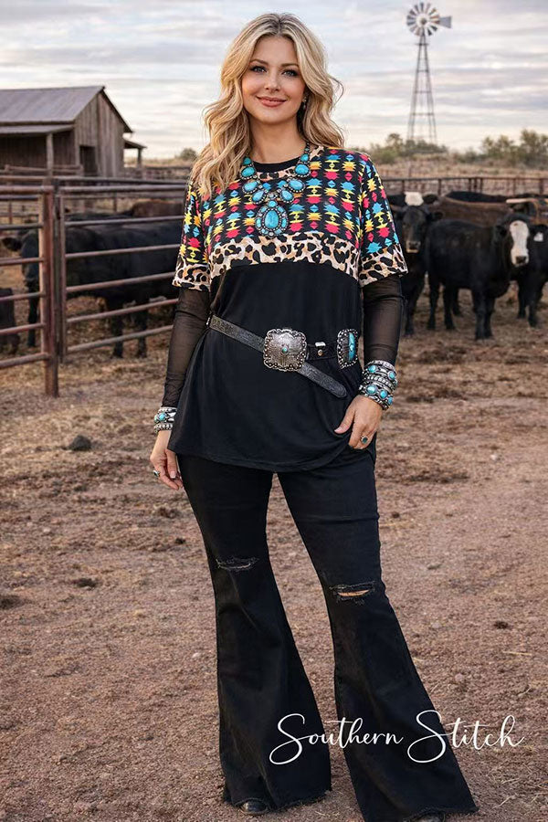 GJQ12647 Black Aztec & leopard printed short sleeve women top