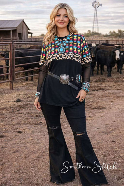 GJQ12647 Black Aztec & leopard printed short sleeve women top