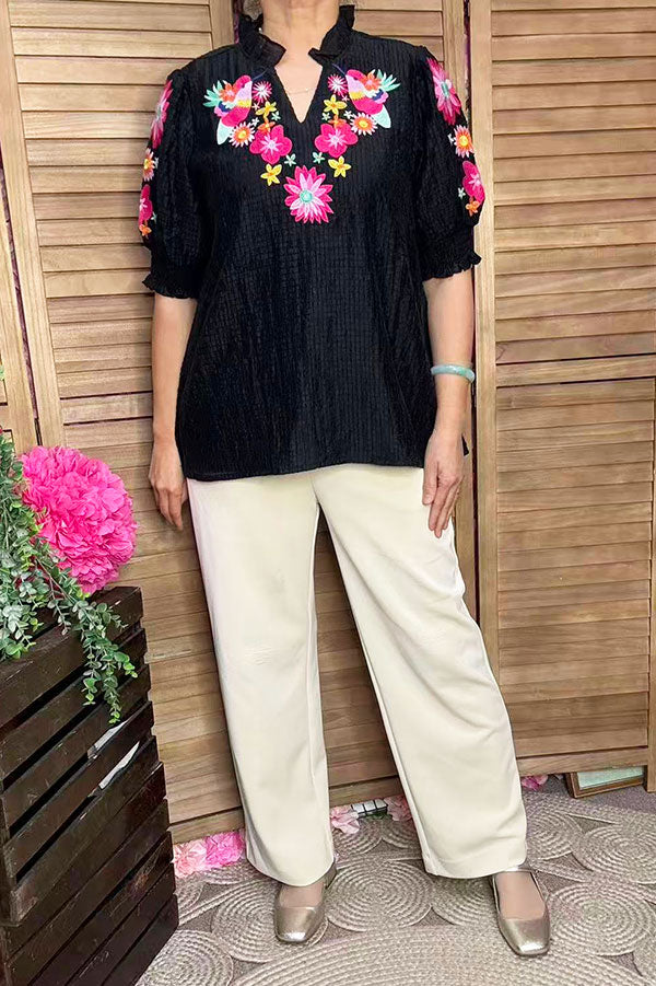 Black gingham mulit color birds flower embidery short sleeve women top XCH16341