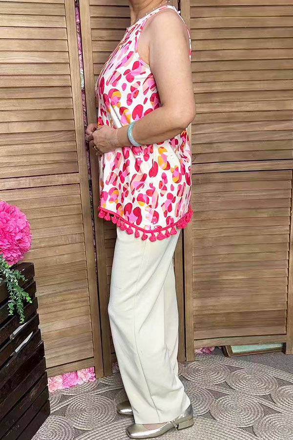 BQ15098 Floral printed sleeveless women top w/fringe