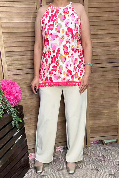 BQ15098 Floral printed sleeveless women top w/fringe