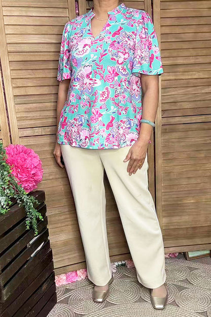 Wholesale women's clothes Pink & turquoise prints bell sleeve blouse GJQ16038