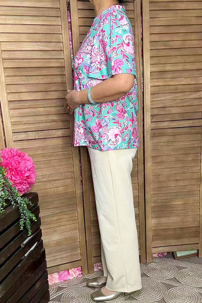 Wholesale women's clothes Pink & turquoise prints bell sleeve blouse GJQ16038