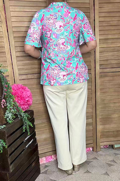 Wholesale women's clothes Pink & turquoise prints bell sleeve blouse GJQ16038