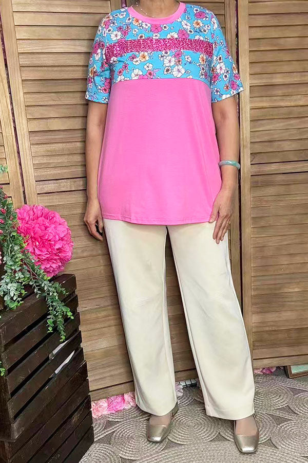 XCH11366-1 Pink floral printed short sleeves women tops w/sequin details