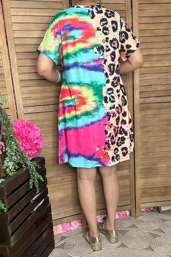 XCH13730 Half leopard & tie dye floral multi color printed short sleeve women dress