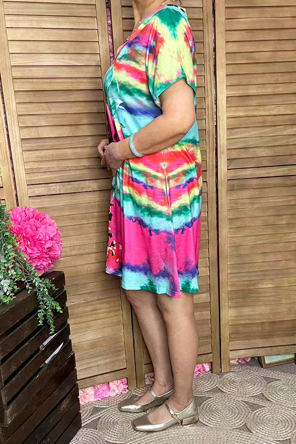 XCH13730 Half leopard & tie dye floral multi color printed short sleeve women dress