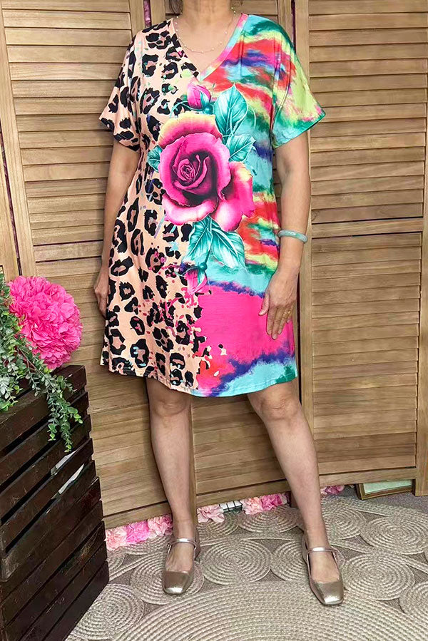 XCH13730 Half leopard & tie dye floral multi color printed short sleeve women dress