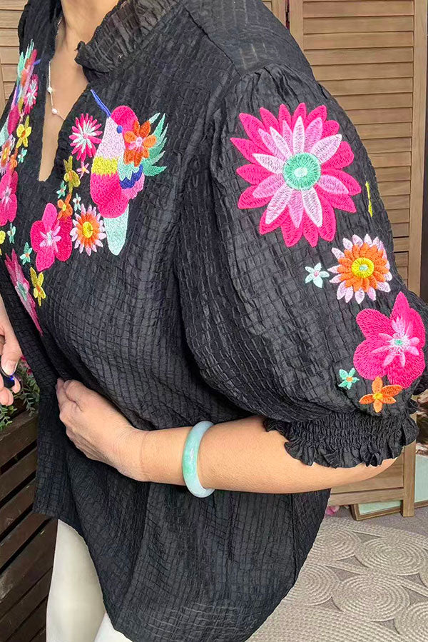 Black gingham mulit color birds flower embidery short sleeve women top XCH16341