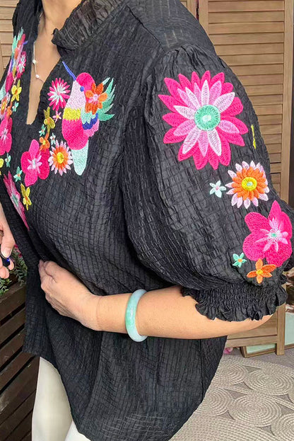 Black gingham mulit color birds flower embidery short sleeve women top XCH16341