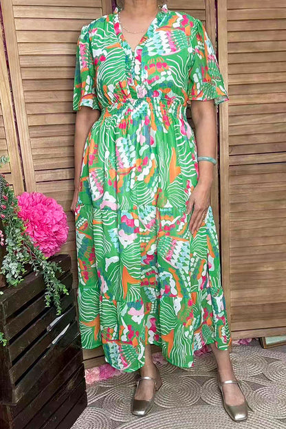Southern Stitch Green floral spring short sleeve women dress w/elastic waist GJQ16824