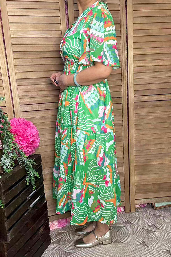 Southern Stitch Green floral spring short sleeve women dress w/elastic waist GJQ16824