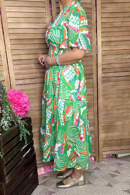 Southern Stitch Green floral spring short sleeve women dress w/elastic waist GJQ16824
