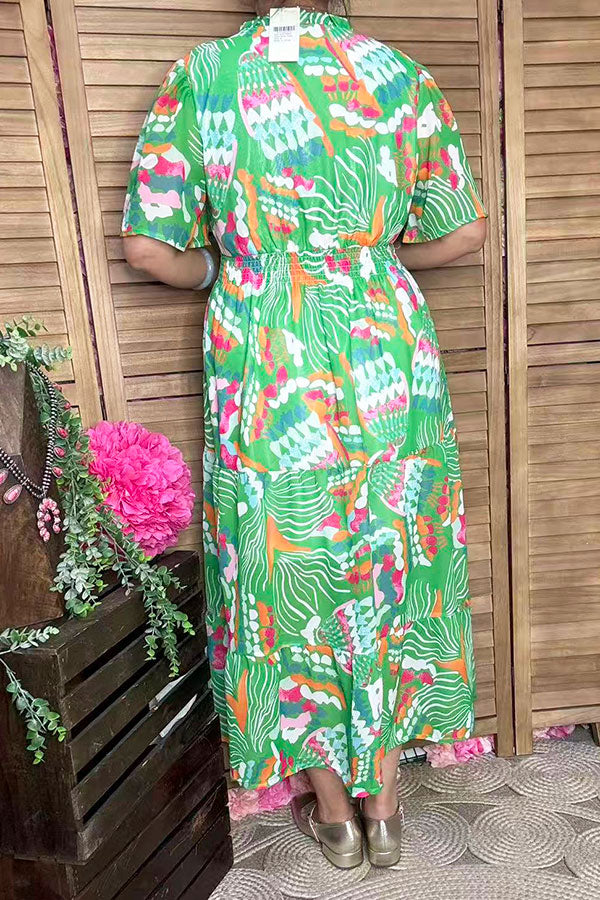 Southern Stitch Green floral spring short sleeve women dress w/elastic waist GJQ16824