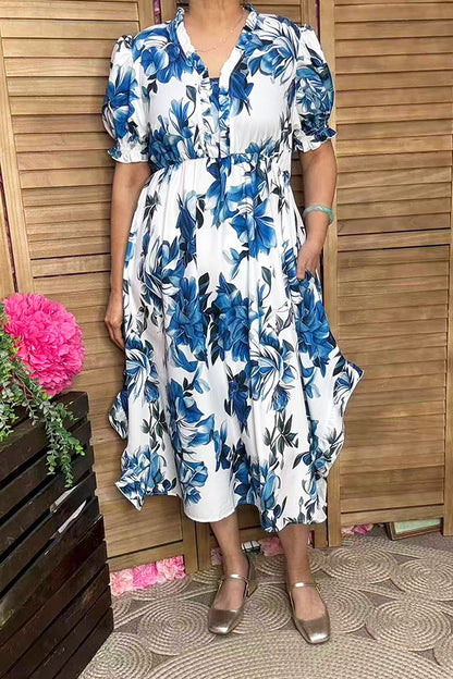 Southern Stitch Blue floral printed ruffle short sleeve women dress GJQ16704