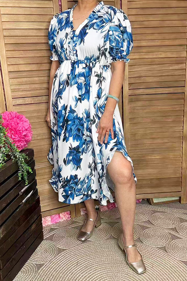 Southern Stitch Blue floral printed ruffle short sleeve women dress GJQ16704