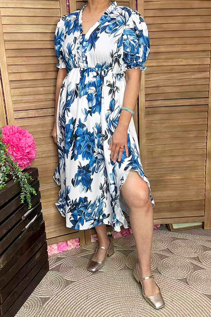 Southern Stitch Blue floral printed ruffle short sleeve women dress GJQ16704