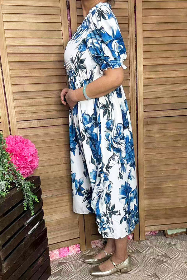 Southern Stitch Blue floral printed ruffle short sleeve women dress GJQ16704