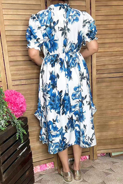 Southern Stitch Blue floral printed ruffle short sleeve women dress GJQ16704