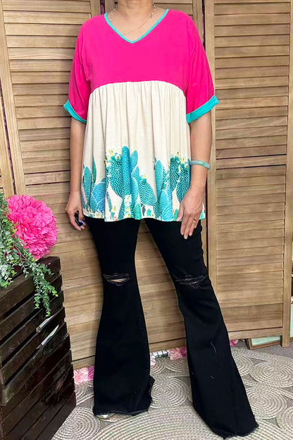 XCH14828 Pink & Cactus printed color block baby doll women blouse
