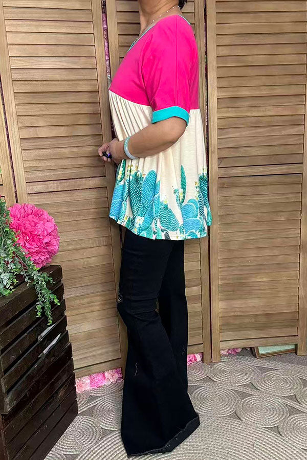 XCH14828 Pink & Cactus printed color block baby doll women blouse