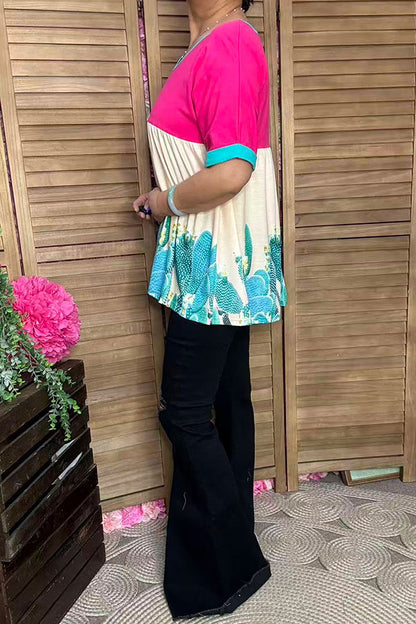 XCH14828 Pink & Cactus printed color block baby doll women blouse