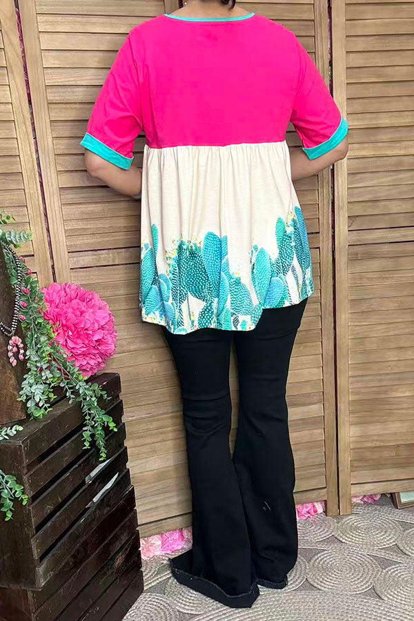 XCH14828 Pink & Cactus printed color block baby doll women blouse