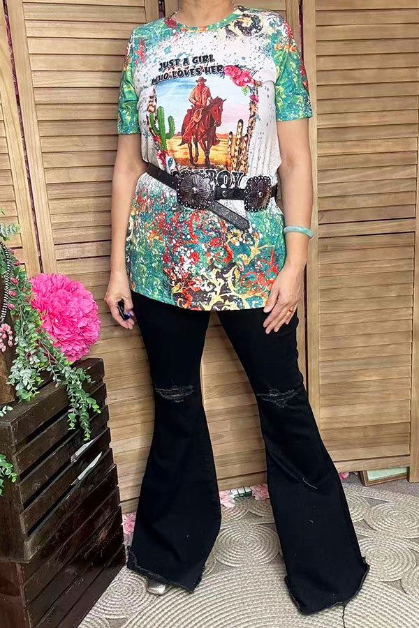 XCH12442 JUST A GIRL WHO LOVES HER COWBOY hiding horse women t-shirt IS13