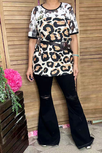 XCH15062 Western & leopard prints color block short sleeve women top