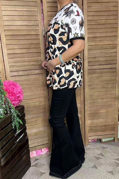 XCH15062 Western & leopard prints color block short sleeve women top