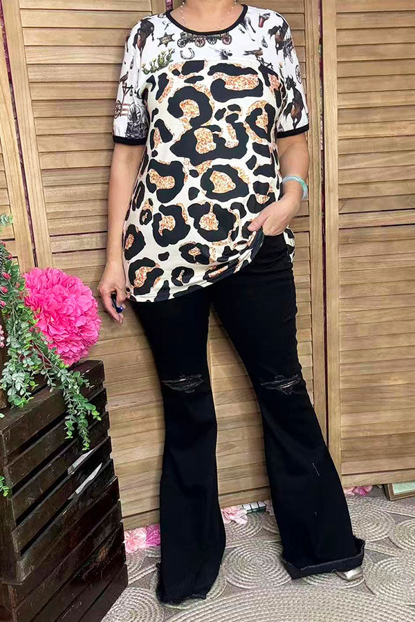 XCH15062 Western & leopard prints color block short sleeve women top