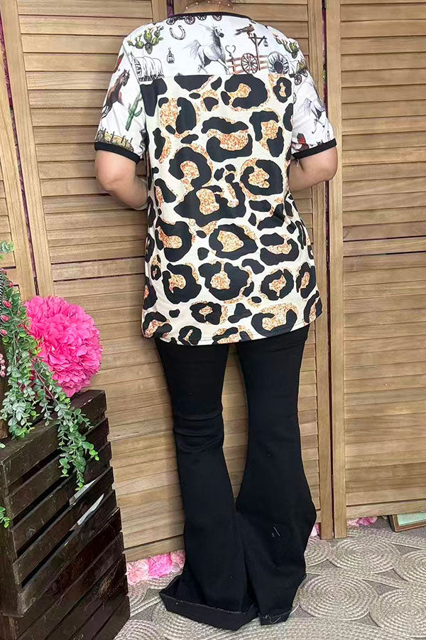 XCH15062 Western & leopard prints color block short sleeve women top