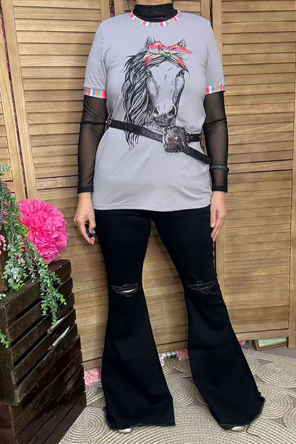 Southern Stitch horse printed grey short sleeve top DLH11778-1