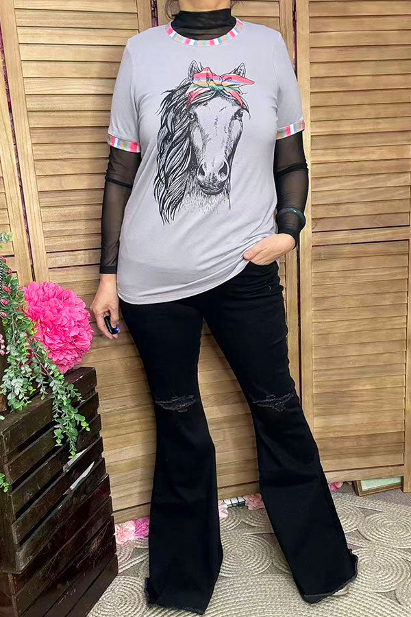 Southern Stitch horse printed grey short sleeve top DLH11778-1