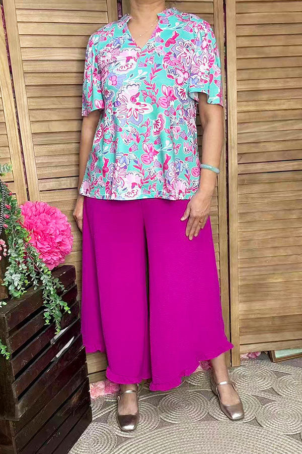 Wholesale women's clothes Pink & turquoise prints bell sleeve blouse GJQ16038