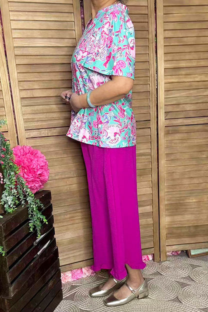 Wholesale women's clothes Pink & turquoise prints bell sleeve blouse GJQ16038