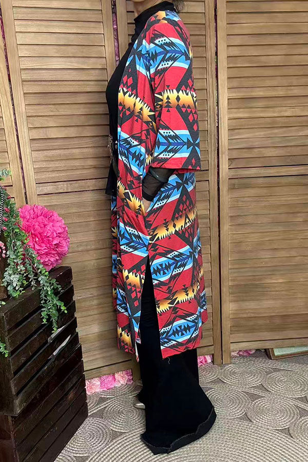 GJQ11895 Multi color Aztec printed 3/4 sleeve women cardigan