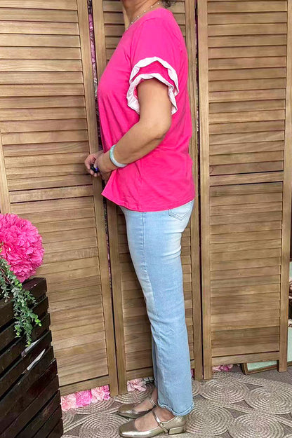 Shope women's clothes wholesale Double pink ruffle short sleeve women top BQ15926