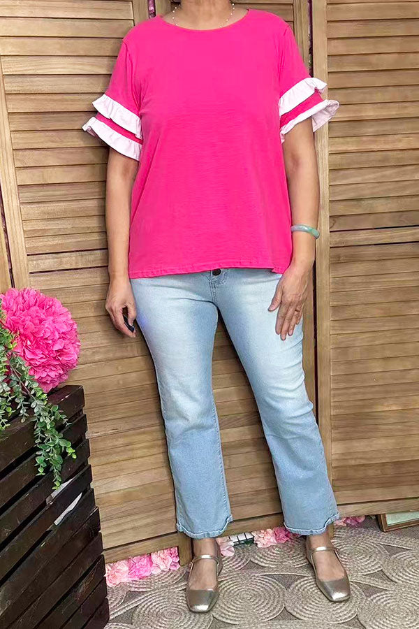 Shope women's clothes wholesale Double pink ruffle short sleeve women top BQ15926