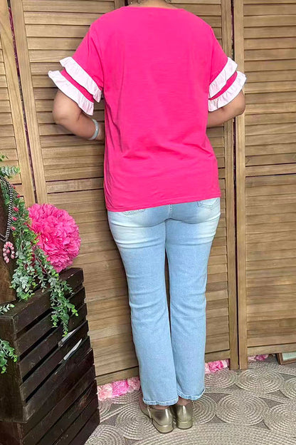 Shope women's clothes wholesale Double pink ruffle short sleeve women top BQ15926