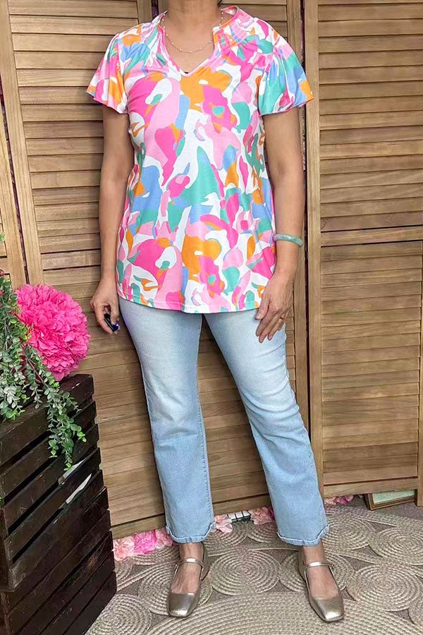 Multi color prints & ruffle short sleeve & featured collar GJQ16040