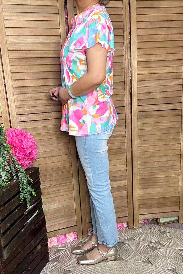 Multi color prints & ruffle short sleeve & featured collar GJQ16040