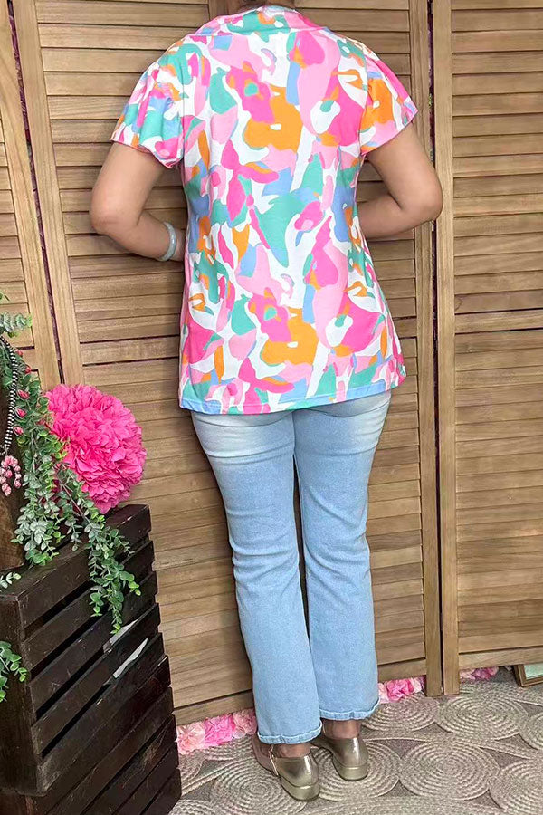 Multi color prints & ruffle short sleeve & featured collar GJQ16040