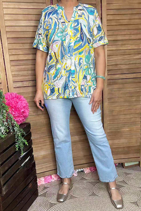 Western yellow & blue floral printed short sleeve women blouse BQ16262