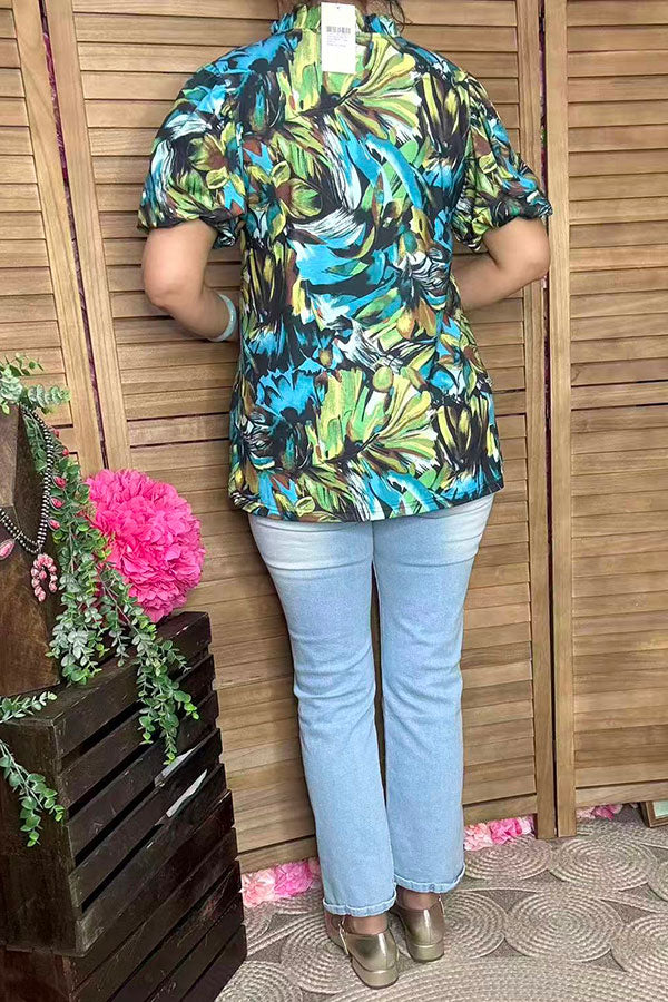 Green & Turquoise printed puff short sleeve women shirts GJQ16615