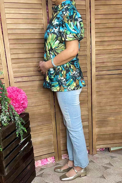 Green & Turquoise printed puff short sleeve women shirts GJQ16615