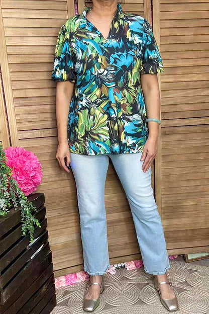 Green & Turquoise printed puff short sleeve women shirts GJQ16615