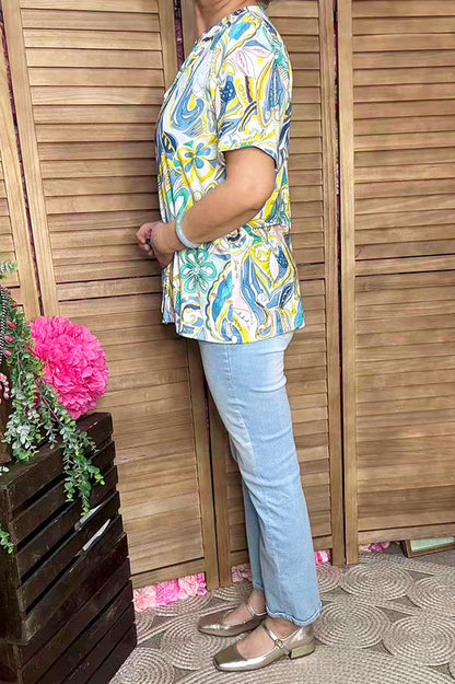 Western yellow & blue floral printed short sleeve women blouse BQ16262